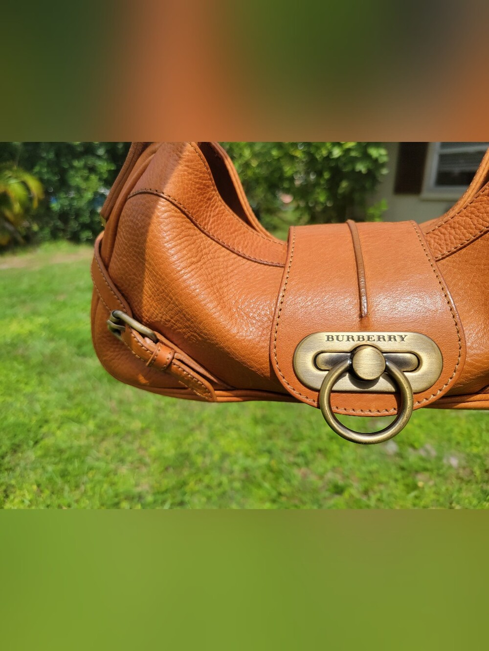 Burberry Shoulder Bag In Cognac Pebbled Leather